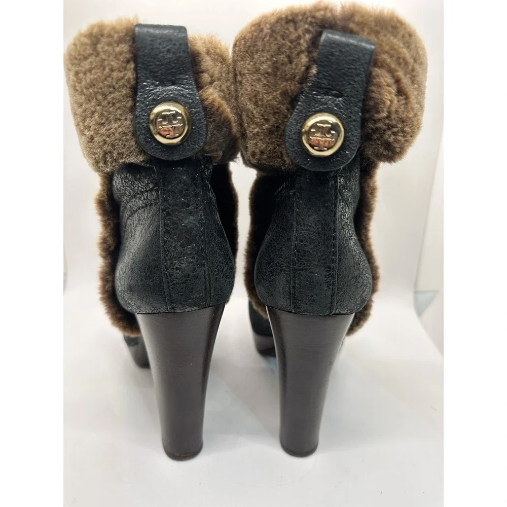 Tory Burch Sebastian Shearling Ankle Boots Black Platform Heel‎ 8M